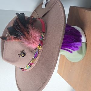 Upscaled Dark Tan American Eagle Wide Brim Feathered Hat With Bead Hatband
